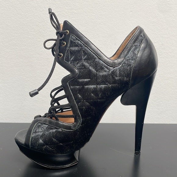 Nicholas Kirkwood Pony Hair Leather Platform Heel Black Lace Up Open Toe 7.5 - Picture 4 of 16